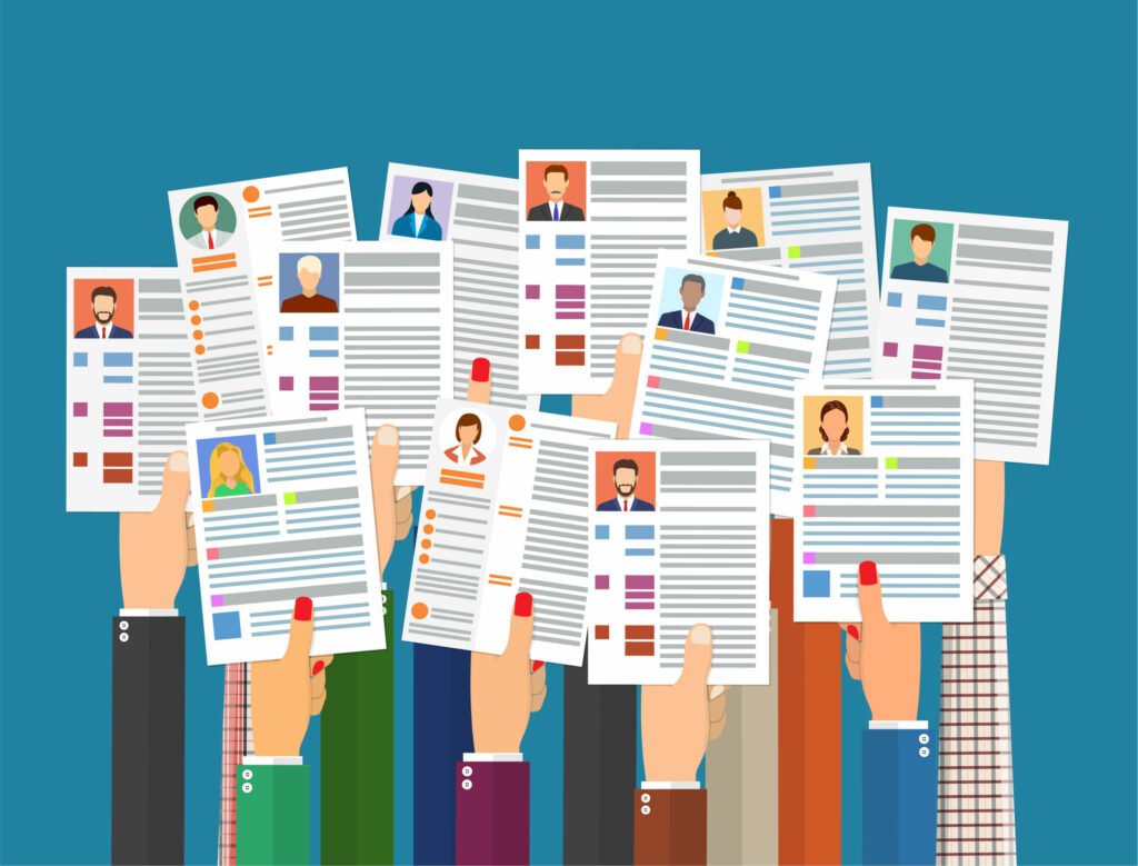 Animated hands holding up resumes to try to stand out from competition