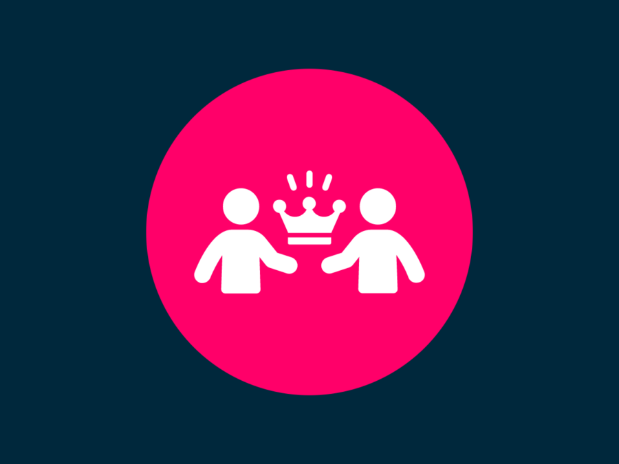 Black background with a large bright pink dow with an icon of two figures passing a crown What is Succession Planning?