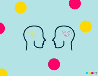 Light blue background. Yellow and magenta accent circles. Two line drawings of heads in profile. One with yellow gears in the brain. One with a pink handshake in the brain.