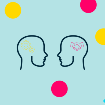 Light blue background. Yellow and magenta accent circles. Two line drawings of heads in profile. One with yellow gears in the brain. One with a pink handshake in the brain.