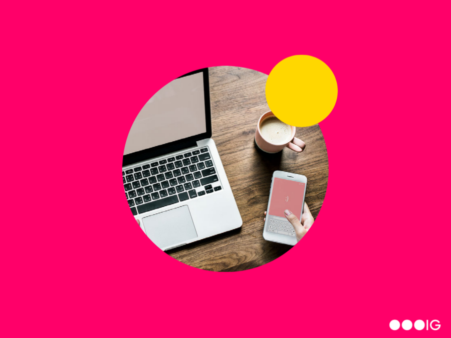 Pink background, yellow circle accent. Circle photo of a desk with a laptop, smart phone, and coffee mug.