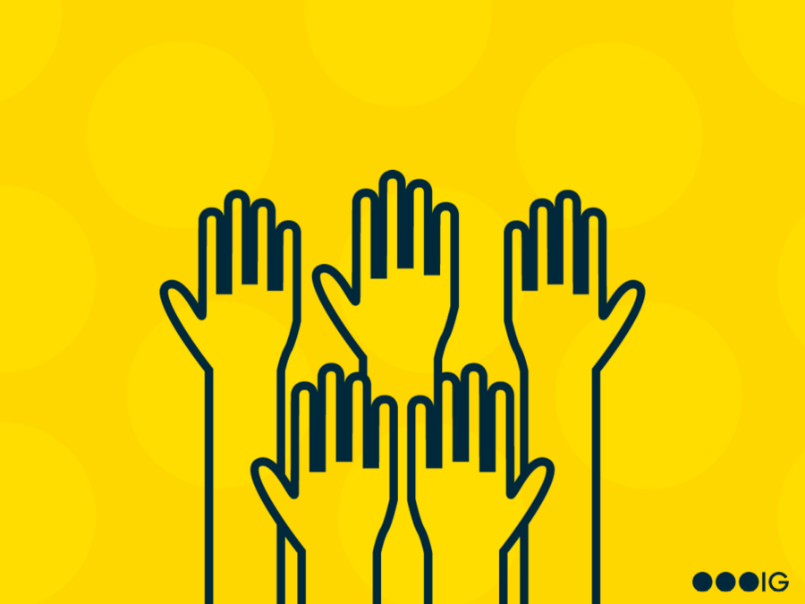 Line drawing of five raised hands. Yellow background.