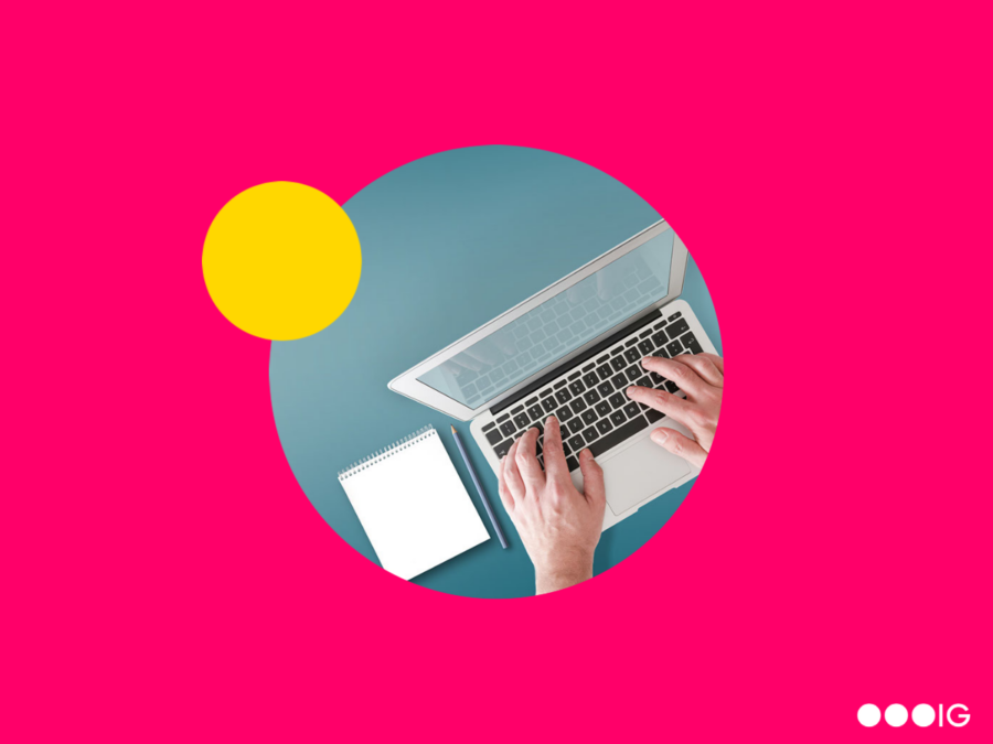 Circle cropped image of white male hands typing on a laptop. Magenta background with yellow circle accent.
