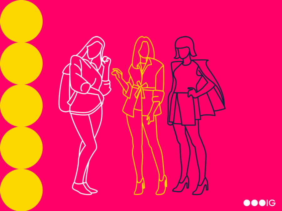 Sketches of different women on a magenta background with yellow circle accents.