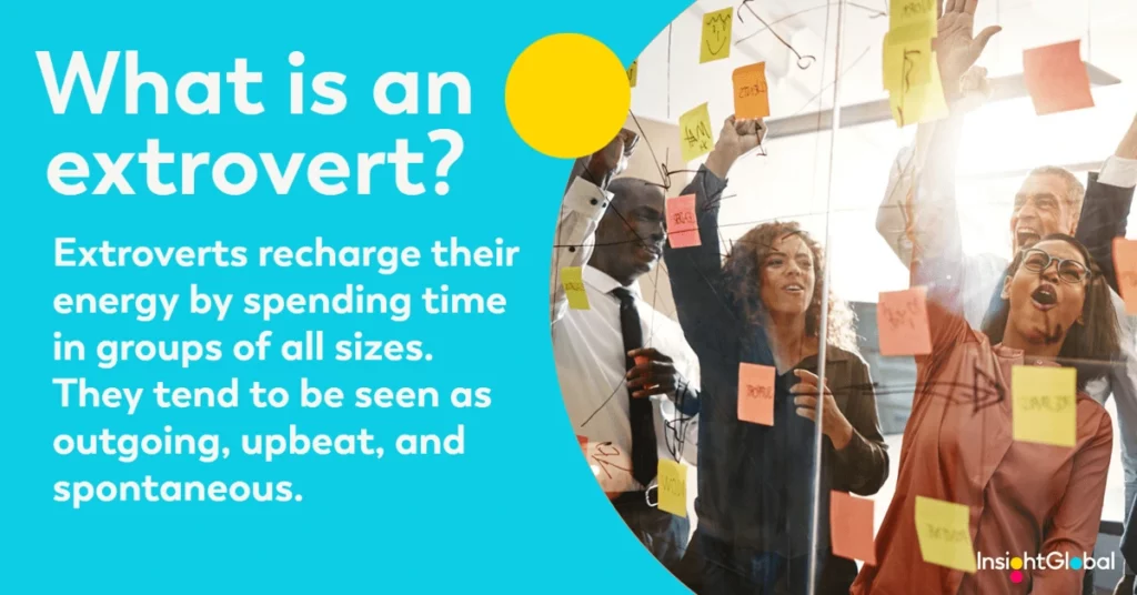 Graphic with a photo of a diverse team of co-workers celebrating. Text overlay reads: What is an extrovert? Extroverts recharge their energy by spending time in groups of all sizes. They tend to be outgoing, upbeat, and spontaneous.