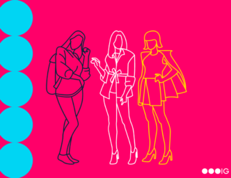 Sketches of different women on a magenta background with light blue circle accents.