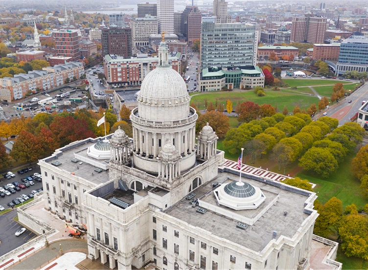 Aerial view of Rhode Island state capital building.