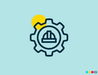 Navy icon of a gear with a hard hat in the center. Yellow accent circle. Light blue background.