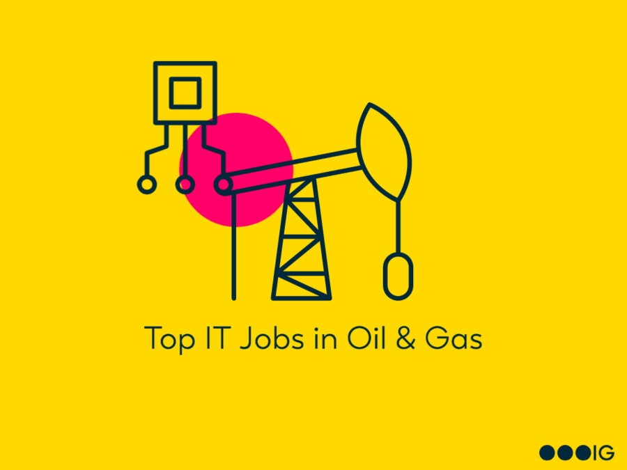Yellow background with a magenta accent circle. Line graphic depicting the connection between technology and the oil and gas industry.
