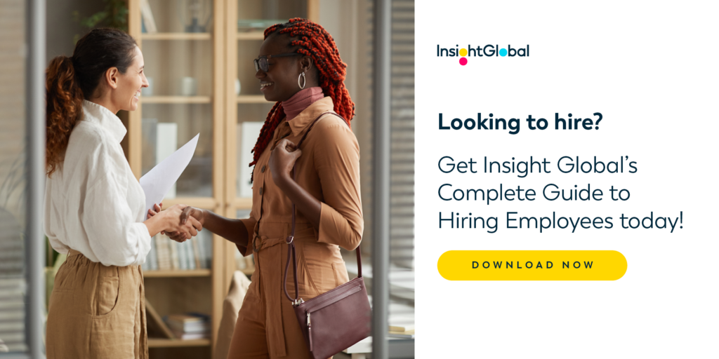 Two women speaking to each other about hiring in a workplace with wording about Insight Global's Complete Guide to Hiring Employees