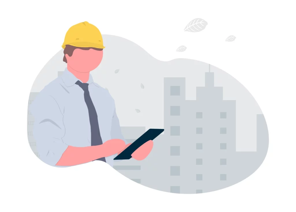 An illustration of industrial staffing featuring a man in a hardhat in front of a factory.