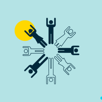Light blue background. Yellow accent circle. Icon of diverse people in a circle.