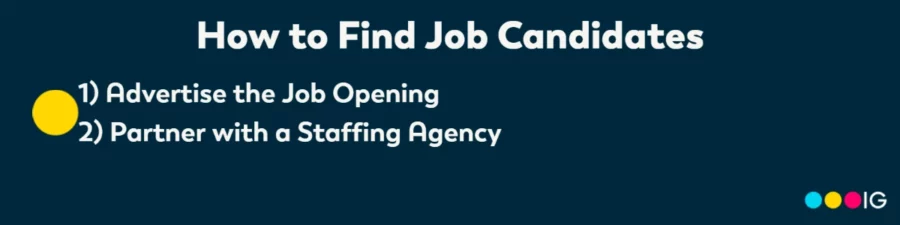 How to Find Job Candidates. 1) Advertise the Job Opening 2) Partner with a Staffing Agency