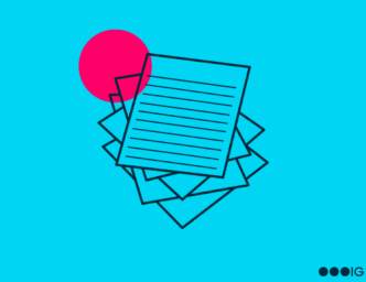 Blue background. Magenta accent circle. Line icon in navy blue of a stack of new hire paperwork.