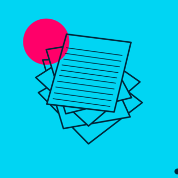 Blue background. Magenta accent circle. Line icon in navy blue of a stack of new hire paperwork.