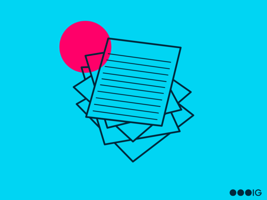 Blue background. Magenta accent circle. Line icon in navy blue of a stack of new hire paperwork.