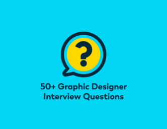 blue background with a speech bubble in black with a question mark inside with and 50+ Graphic Designer Interview Questions