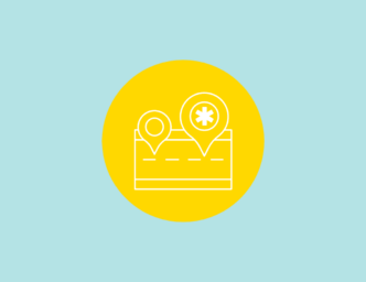 Pale blue field surrounding a yellow circle with a roam map for onboarding and a medical symbol