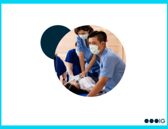 Light blue border. White background. Navy accent circle. Insight Global logo. Circle crop image of ER nurses attending to a patient.