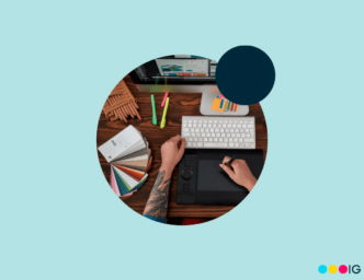 Light blue background. Navy accent circle. Small Insight Global logo. Circle crop image of an overhead view of tattooed arms working with graphic design tools at a desk.