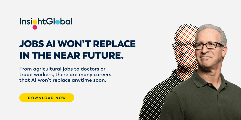 Text: Jobs AI won't replace in the neat future. From agricultural jobs to doctors or trade workers, there are many careers that AI won't replace anytime soon. Download now. Image: man fading into pixels.