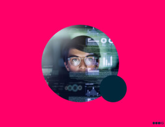 image: IT worker/software engineer looking at a code on a screen Background: Hot pink with navy blue circle