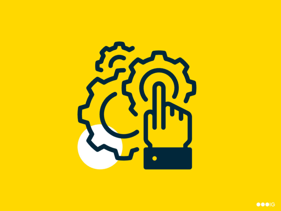 Image: graphic of gears turning to represent automation background: yellow