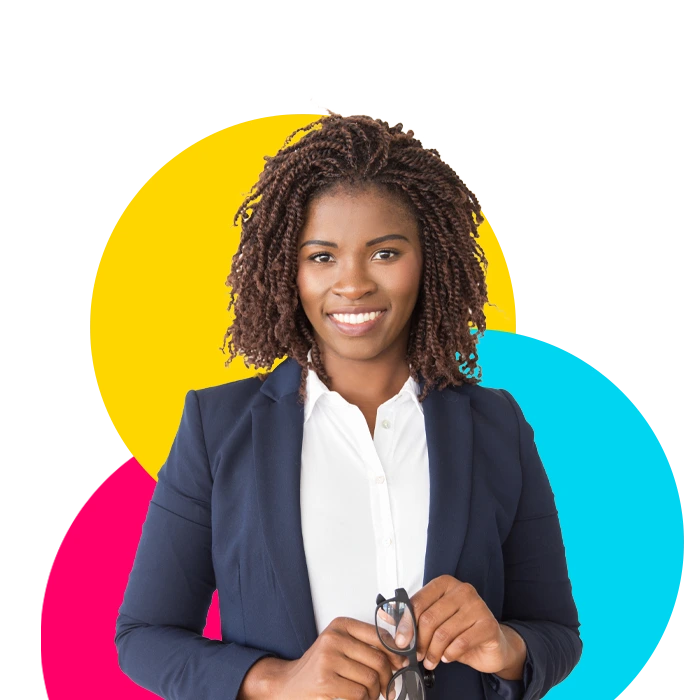 A young woman in business attire that used an entertainment staffing agency.