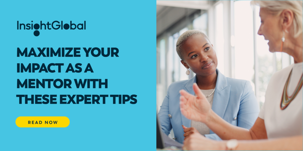 Image: Two women having a lively discussion in their place of work Text: Maximize Your Impact as a Mentor with These 7 Tips. Read Now