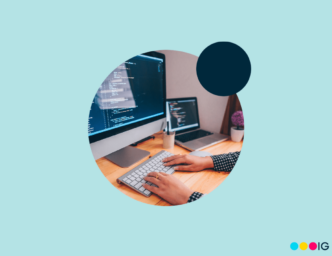 Light blue background. Navy accent circle. Insight Global logo. Circle crop image of a back end developer's hands on a keyboard, updating code that shows on the computer monitor.
