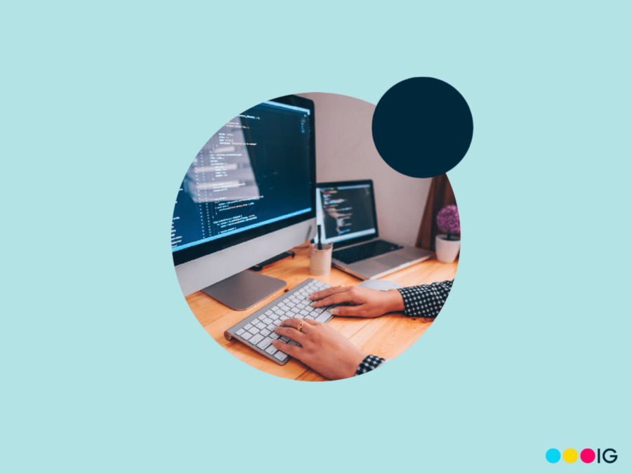 Light blue background. Navy accent circle. Insight Global logo. Circle crop image of a back end developer's hands on a keyboard, updating code that shows on the computer monitor.