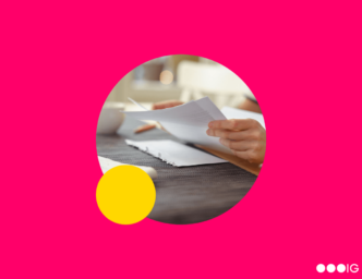 Magenta background. Yellow accent circle. Insight Global logo. Circle crop photo of a hiring manager reading a cover letter.
