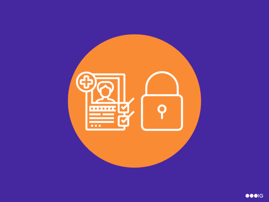 Icons of a healthcare chart and a lock, representing a cybersecurity effort to keep patients' data safe.