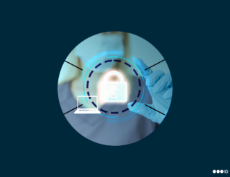 An icon of a computer and lock, representing cybersecurity, held by a surgeon, a healthcare professional.