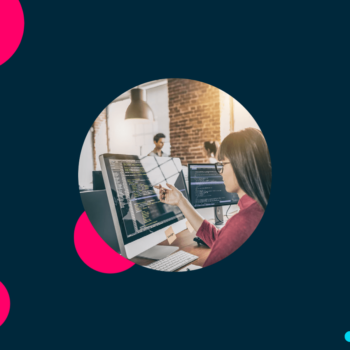 Navy background. Magenta accent circles. Circle crop of a photo of a female java developer reviewing code at her desk.