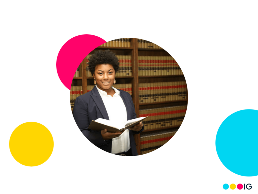 White background. Yellow, blue, and magenta accent circles. Insight Global logo. Circle crop image of a female black attorney.