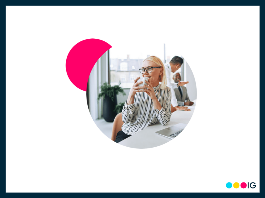 White background with navy border. Magenta accent circle. Insight Global logo. Circle crop image of a white woman taking a coffee break at work for her mental health.