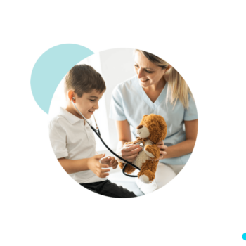 White background. Light blue accent circle. Insight Global logo. Circle crop image of a white female nurse interacting with a white male child.