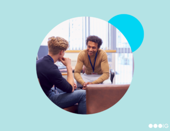 Image of a mental health professional speaking to a client patient in a round circle with a blue background Hiring a mental health clinician