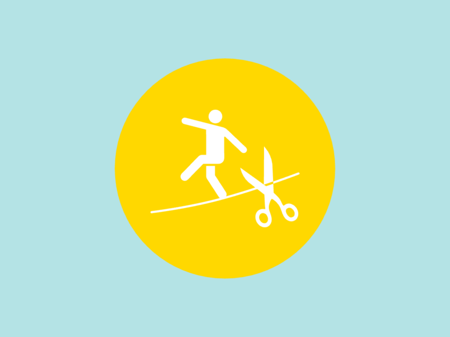 Blue background with yellow circle and white icon showing someone walking a tightrope being cut by scissors How Agile Management Disrupts the Status Quo