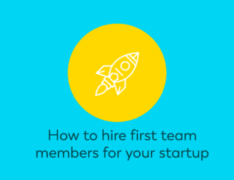 Rocket launching on yellow cirlce surrounding by blue sky with words How to hire first team members for your startup