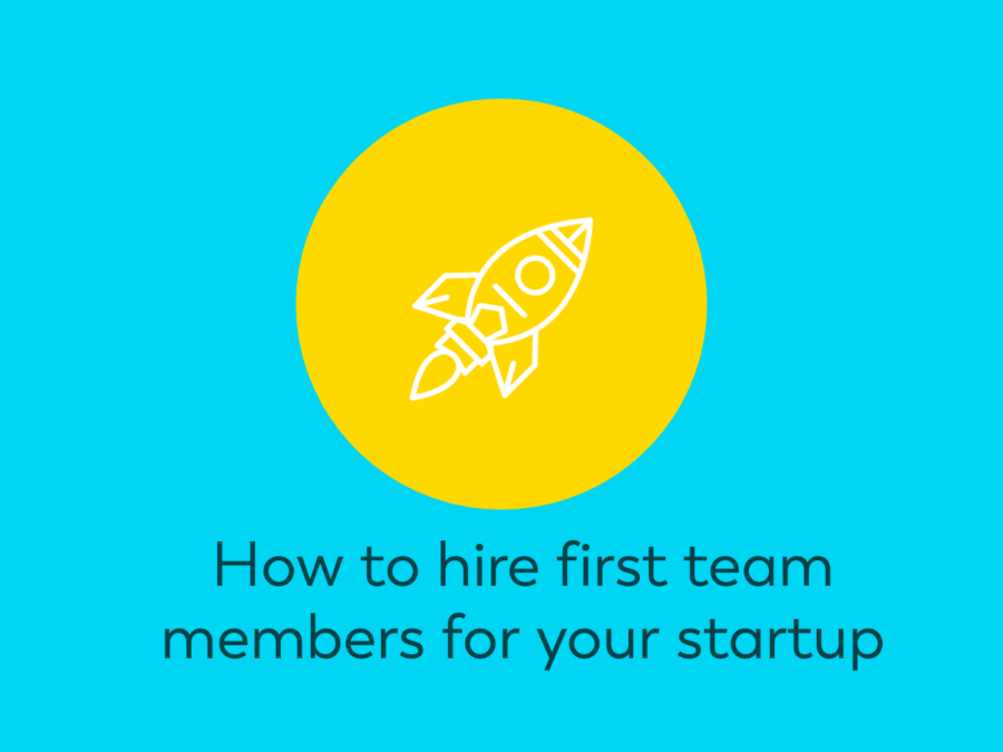 Rocket launching on yellow cirlce surrounding by blue sky with words How to hire first team members for your startup
