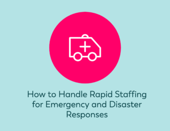 Blue background with bright pink circle with icon of emergency response vehicle and title Rapid Staffing for Emergency and Disaster Responses