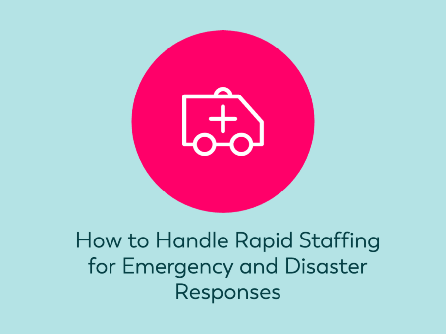 Blue background with bright pink circle with icon of emergency response vehicle and title Rapid Staffing for Emergency and Disaster Responses
