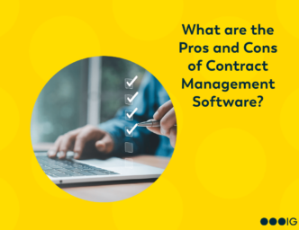 Yellow background. Circle crop of photo of man working on laptop, with a graphic overlay of him checking boxes. Title: What are the Pros and Cons of Contract Management Software?