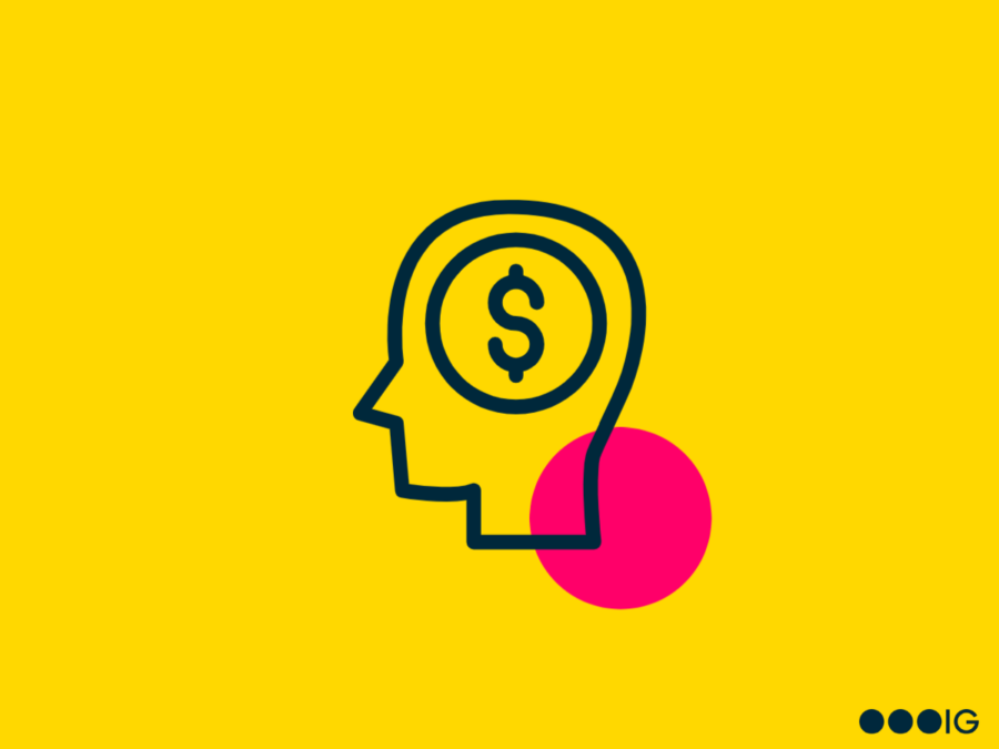 Yellow background. Magenta accent circle. Navy blue Insight Global logo. Navy blue line graphic of a head with dollar sign in it.