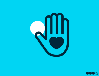 Bright blue background with white accent circle. Navy blue line design of a hand with a heart on the palm. Insight Global logo.