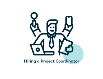 White background. Light blue accent circle. Navy blue line graphic of a man working on multiple projects at once. Title: Hiring a Project Coordinator