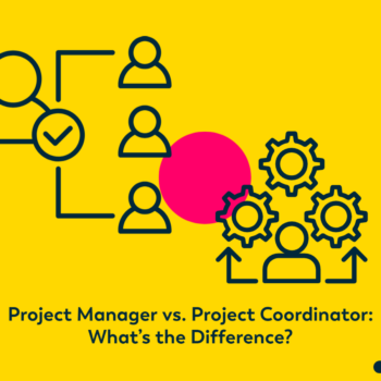 Yellow background. Navy icons representing a project manager and a project coordinator. Insight Global logo. Title: Project Manager vs. Project Coordinator: What's the Difference?