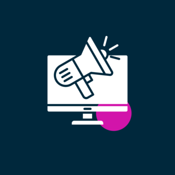 Icon of a megaphone over a computer, representing the act of advertising your job opening on the Internet.